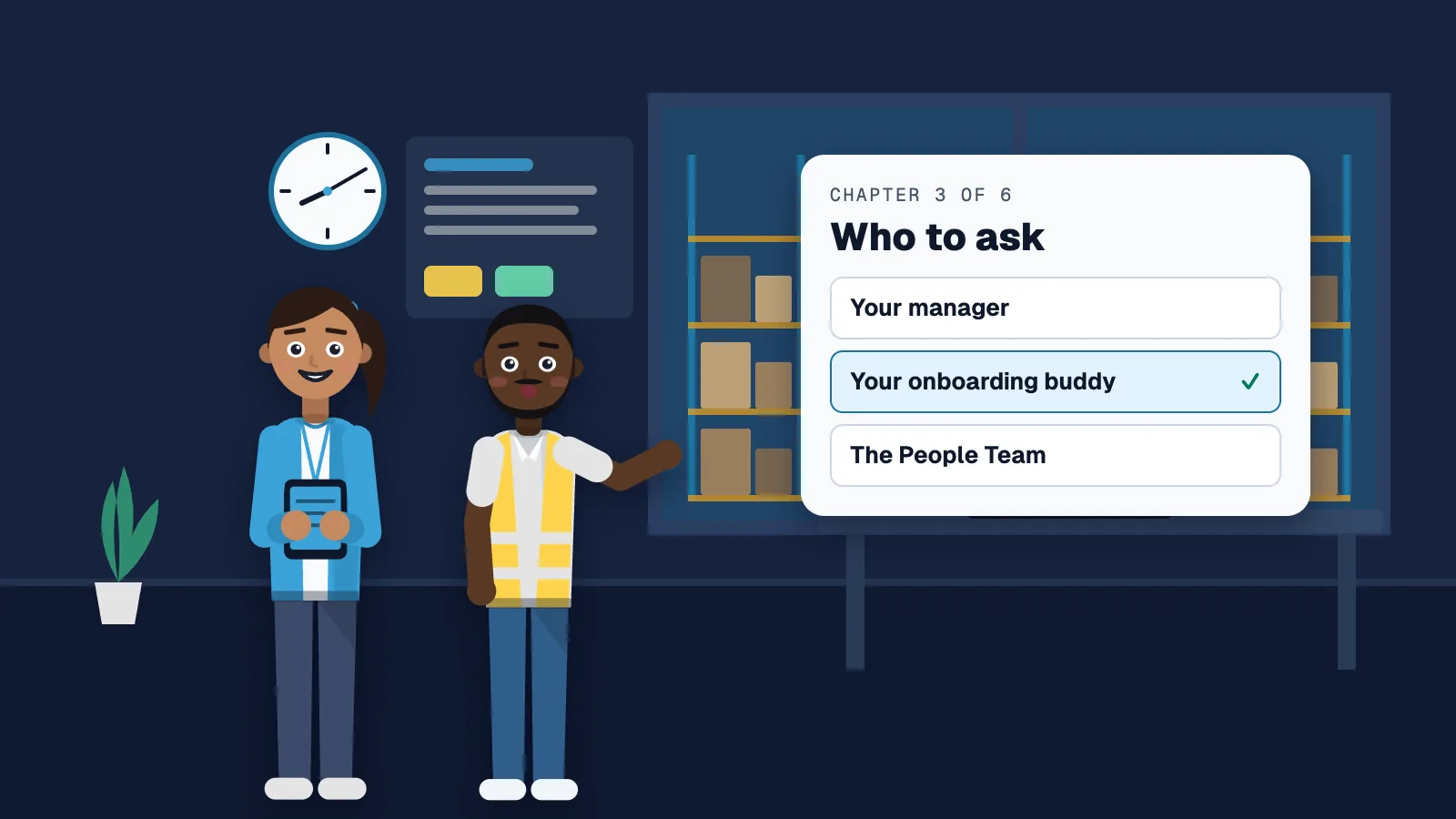 Illustration of a new hire holding a tablet while her onboarding buddy explains, next to a guide question card, “Who to ask”, with one answer checked.